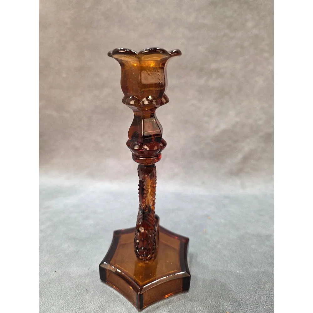 Vintage Amber Glass Koi Fish Candlestick Holder Hexagonal Base Dolphin Pedestal